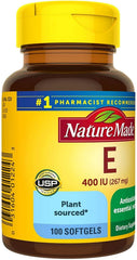 Nature Made Vitamin E 400 IU label close-up showing d-alpha softgels for daily use
