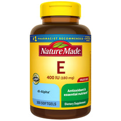 Nature Made Vitamin E 400 IU softgels bottle shows antioxidant support for daily use.