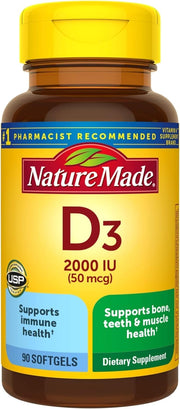 Nature Made Vitamina D3 cápsulas suaves en frasco, apoyo a huesos sanos y músculos.