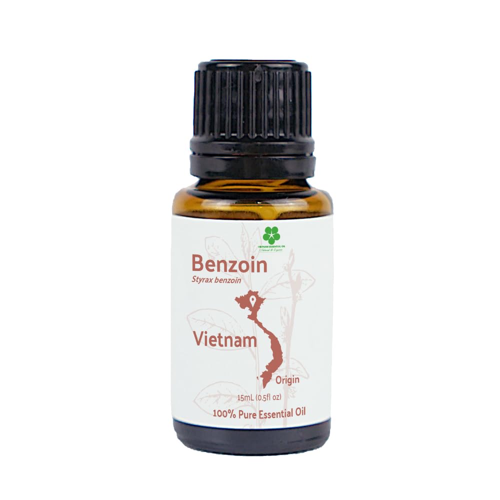 Nature Packaged Benzoin Oil bottle pour conveys calming aroma for aromatherapy.