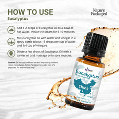 Nature Packaged Eucalyptus Oil bottle pour, showcasing pure composition for easy, controlled use.
