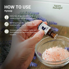 Nature Packaged Hyssop Oil in diffuser setup for uplifting home aromatherapy