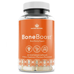 Nature Restore BoneBoost bottle close-up shows capsules and label for daily bone support.