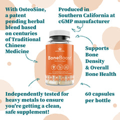 Nature Restore BoneBoost ingredients panel highlights calcium citrate and herbal extracts.