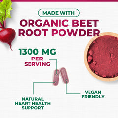 Close-up of Nature's Nutrition Beet Root capsules highlighting 1300mg strength