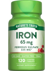 Nature's Truth iron supplement bottle showing 65 mg per tablet for daily support