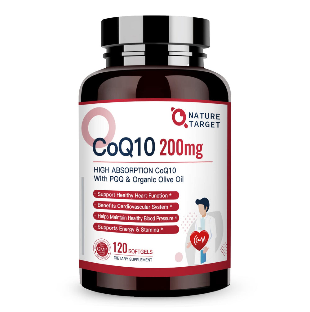 Nature Target CoQ10 bottle with olive oil; enhanced absorption for heart health.