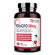 Nature Target CoQ10 bottle with olive oil; enhanced absorption for heart health.