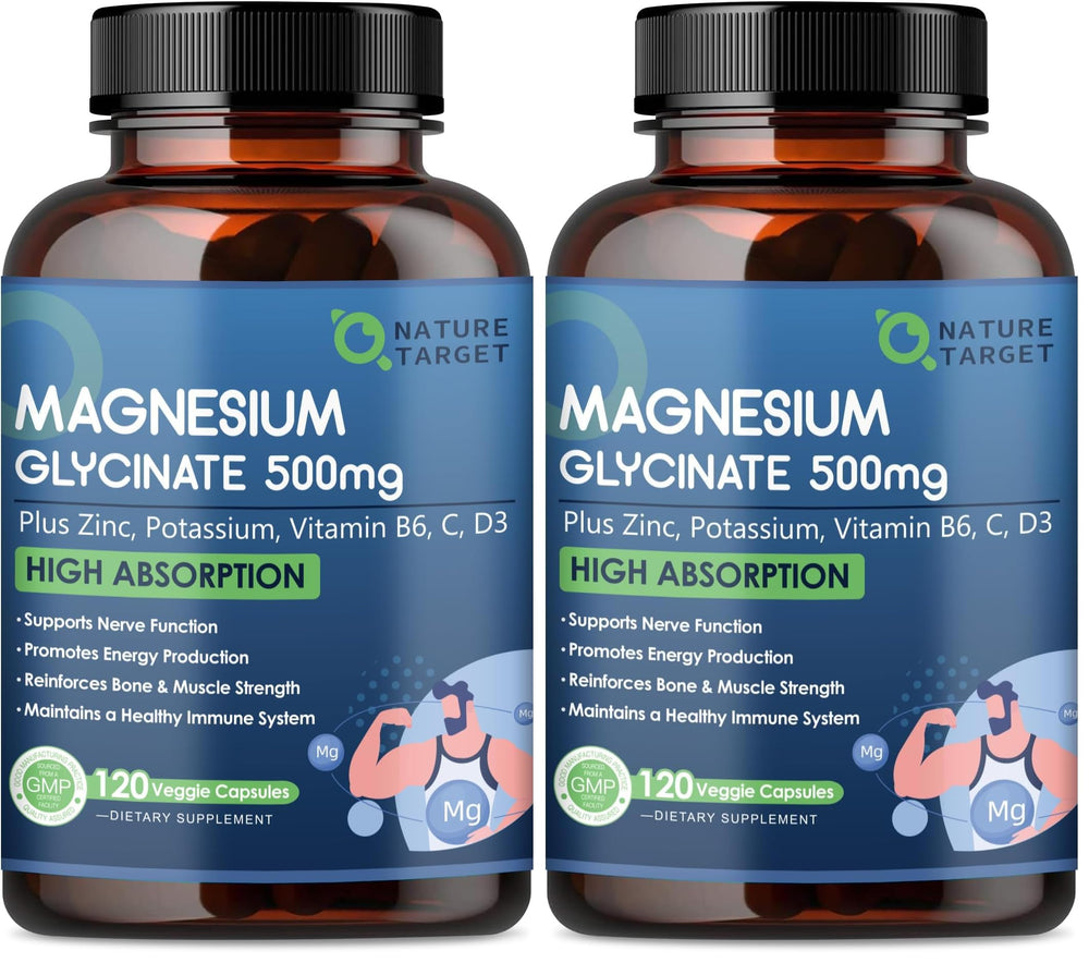 Nature Target Magnesium Glycinate 500mg bottle highlights high-potency capsules for daily use.