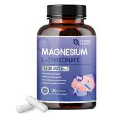 Nature Target Magnesium L-Threonate capsules bottle front showcases packaging and brain support promise.