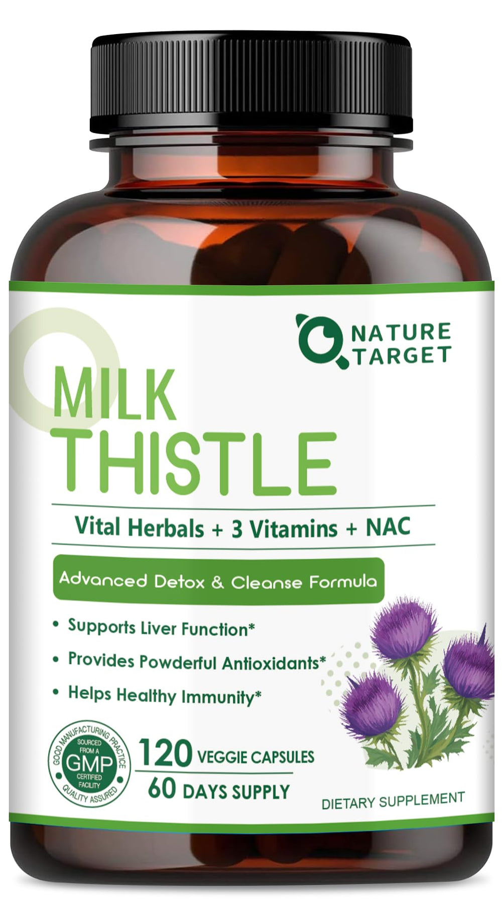 NATURE TARGET Milk Thistle bottle front for liver support on daily wellness.