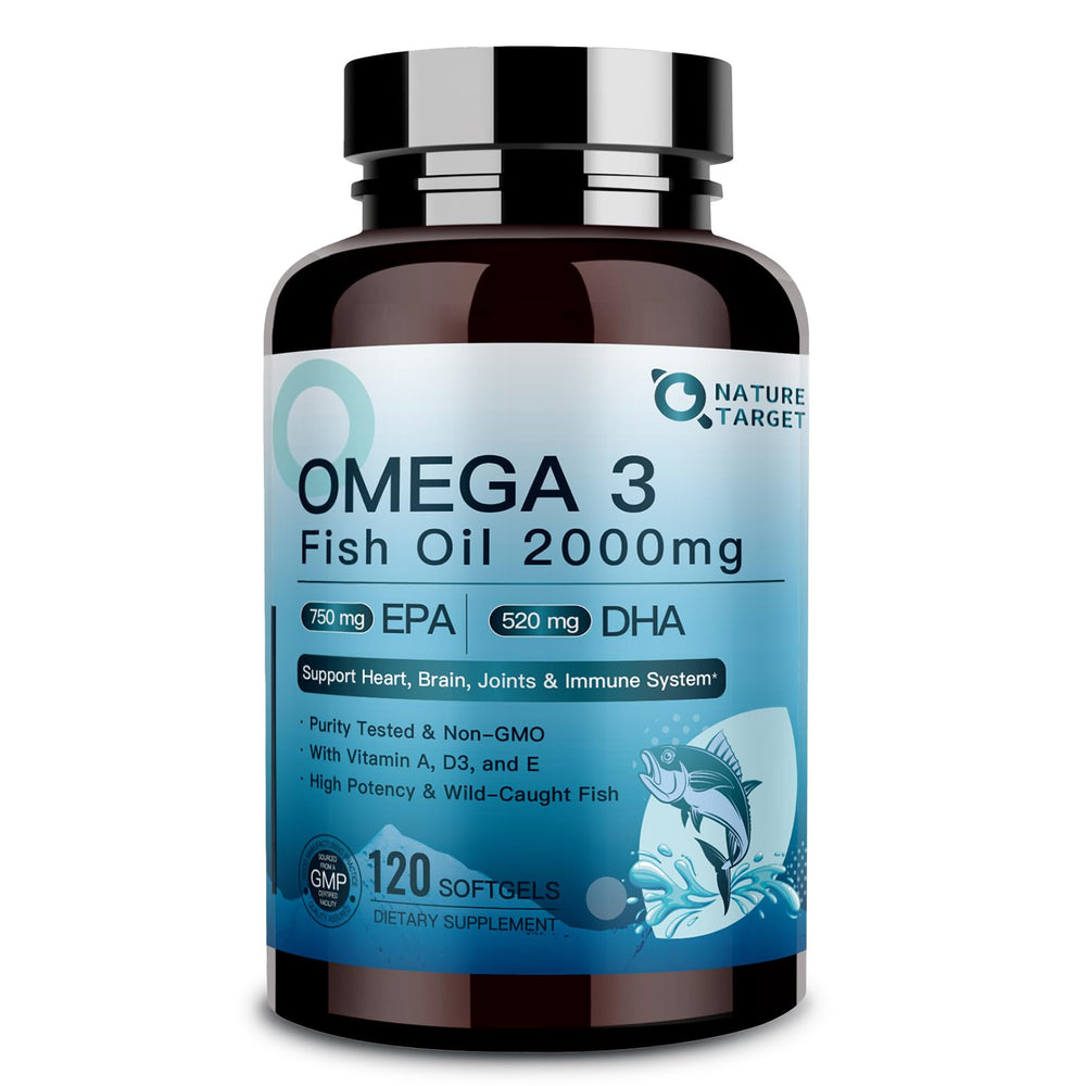 Nature Target Omega-3 bottle front showcasing heart and brain support.