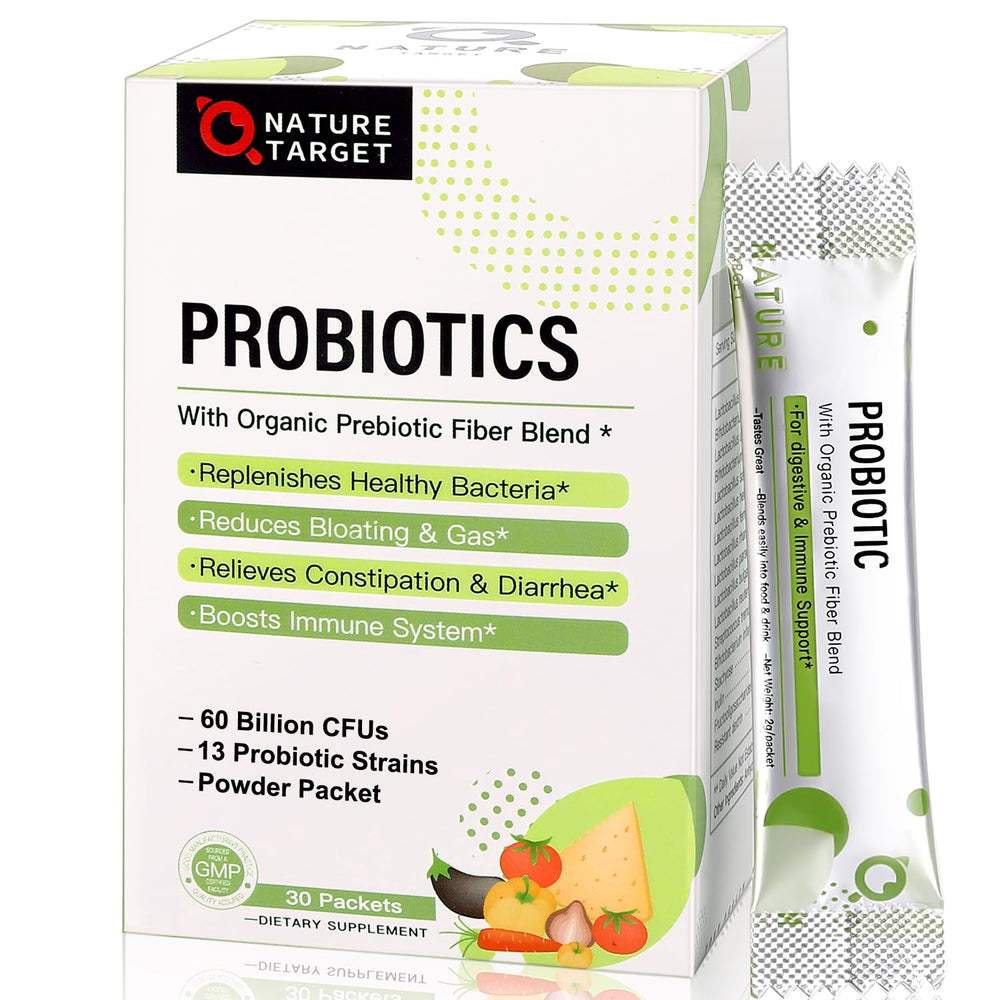 Nature Target Probiotics bottle with powder for daily digestive support