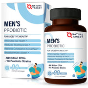 Nature Target Probiotics for Men bottle closeup showing a potent 60 billion CFUs formula.