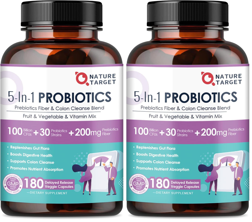 Nature Target Probiotics bottle front shows 100B CFU for daily gut support