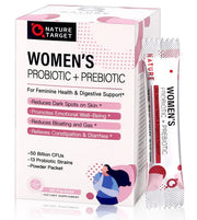 NATURE TARGET Probiotics for Women powder bottle showing 50B CFU for daily digestive balance.