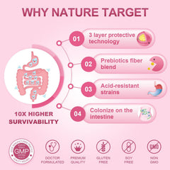 Serving shot of Nature Target Probiotics for Women showing capsules for 60B CFUs.