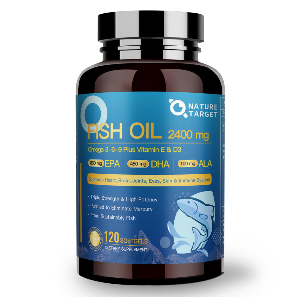 Nature Target Triple Omega 3-6-9 bottle front showing high potency omega blend.