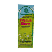 Nature Works Swedish Bitters bottle on a wooden surface, traditional digestion support.