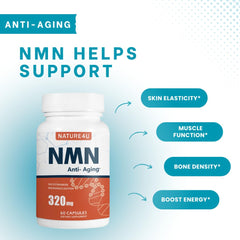 Nature4U NMN bottle label highlighting NMN 320 mg and purity