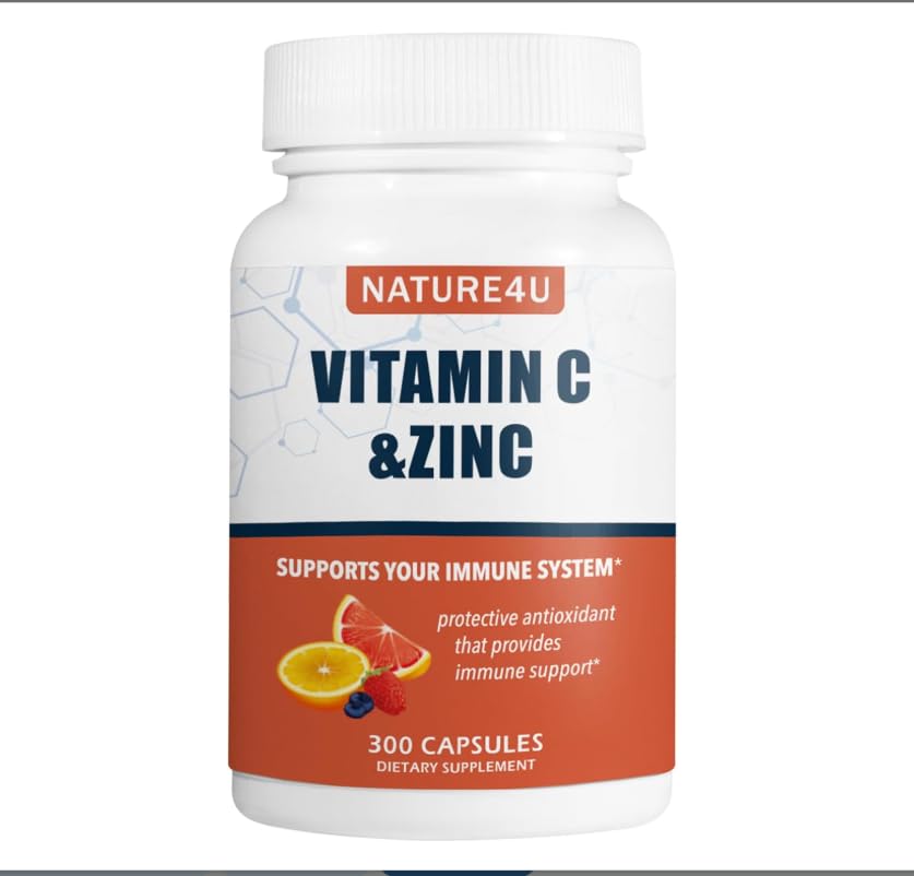 Nature4U Vitamin C 1000mg bottle with zinc and rose hips for immune support.