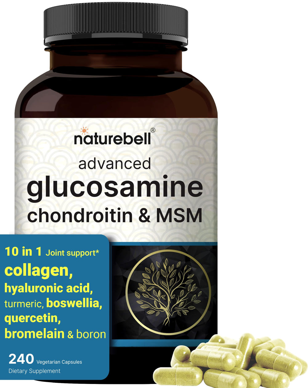 NatureBell advanced glucosamine-chondroitin-msm bottle for daily joint support.