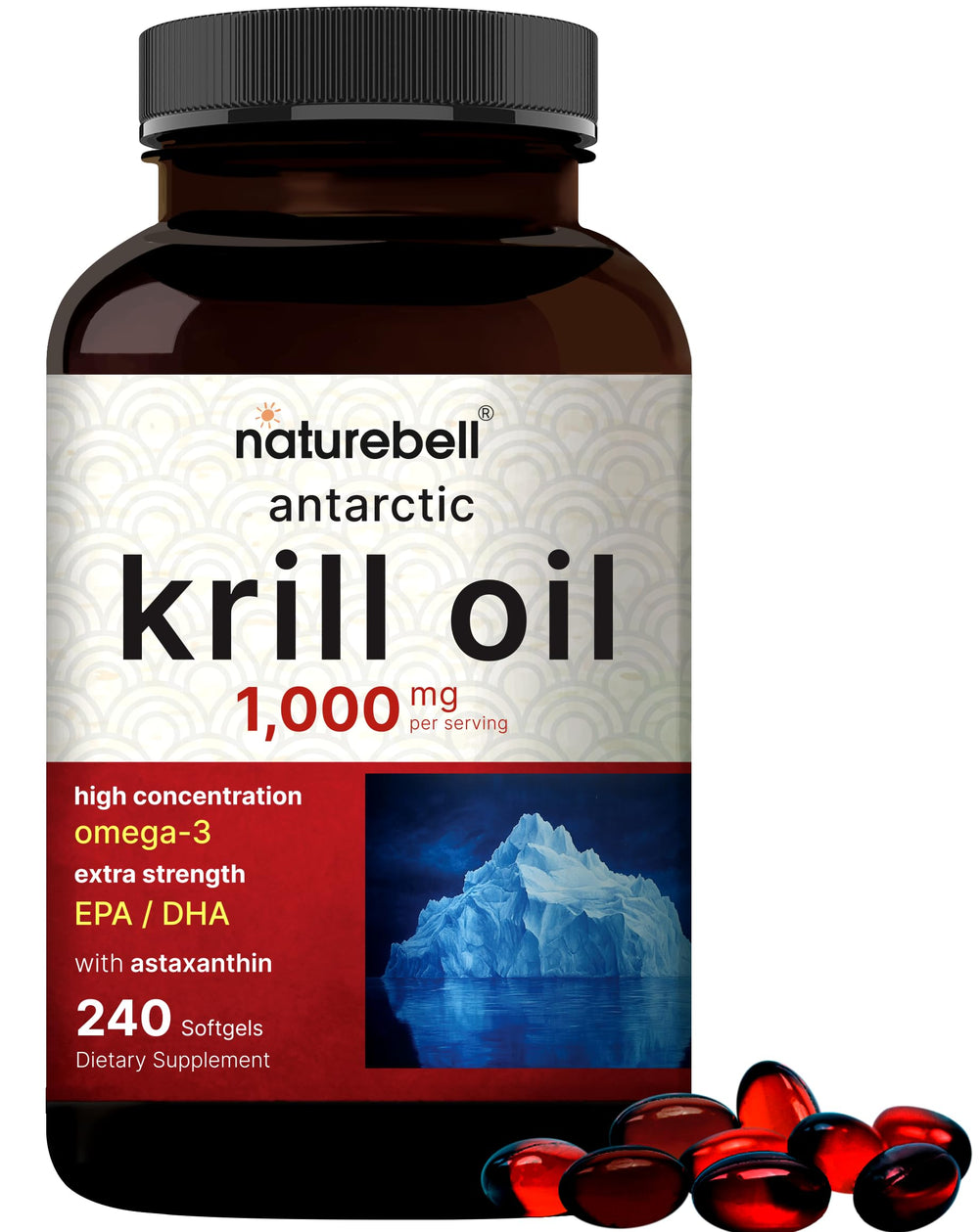 NatureBell Antarctic Krill Oil bottle with softgels showing omega-3 content