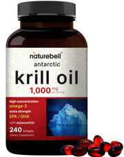 NatureBell Antarctic Krill Oil bottle with softgels showing omega-3 content