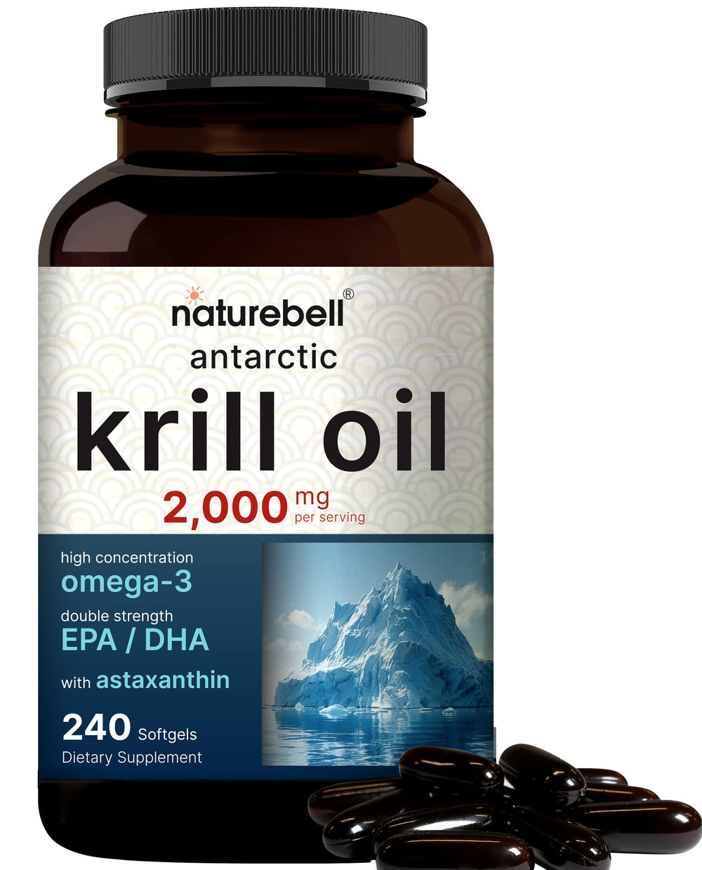 NatureBell Antarctic Krill Oil bottle image shows convenient daily omega-3 support.