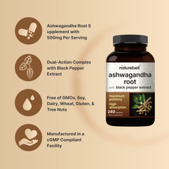 NatureBell Ashwagandha root extract bottle showcases potent plant blend.