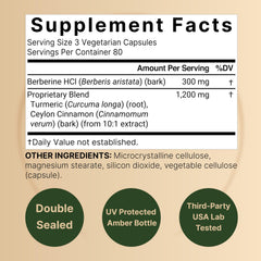 NatureBell Berberine bottle label highlights cinnamon and turmeric blend with added botanicals.
