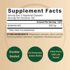 NatureBell Berberine bottle nutrition label highlights 300 capsules per bottle.