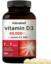 NatureBell Vitamin D3 K2 bottle showing weekly dose for bone support.