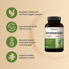 NatureBell Bromelain label closeup emphasizing pineapple-derived enzyme potency