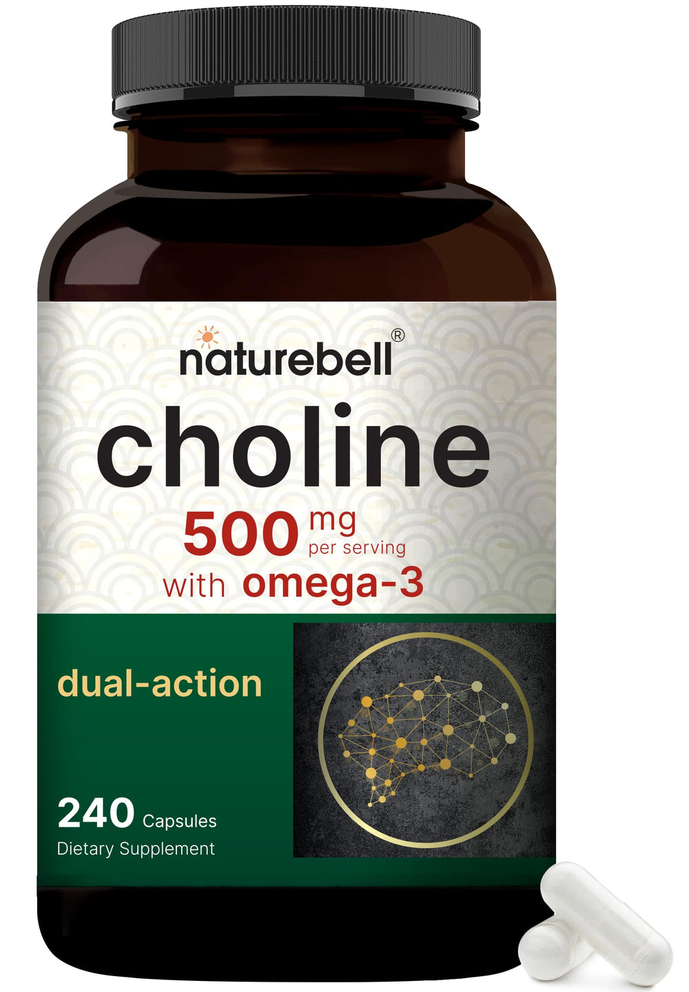 NatureBell choline omega-3 capsules high potency for brain and heart health.