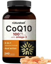 NatureBell CoQ10 Omega-3 bottle promoting heart health and antioxidant support