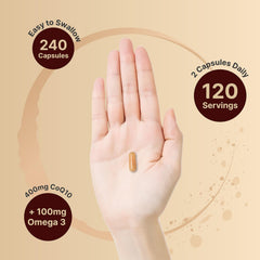 NatureBell CoQ10 Omega-3 capsules dispensed from bottle for easy daily intake.