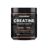 NatureBell Creatine micronized powder close-up with scoop for easy pre/post workout mixing.