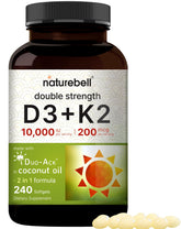 NatureBell D3 K2 softgels bottle, convenient daily capsules for calcium support and overall wellness.