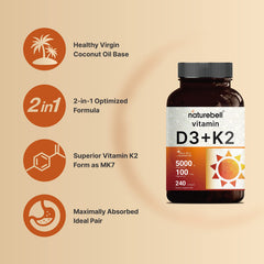 NatureBell D3K2 softgels front label shows daily dosage information