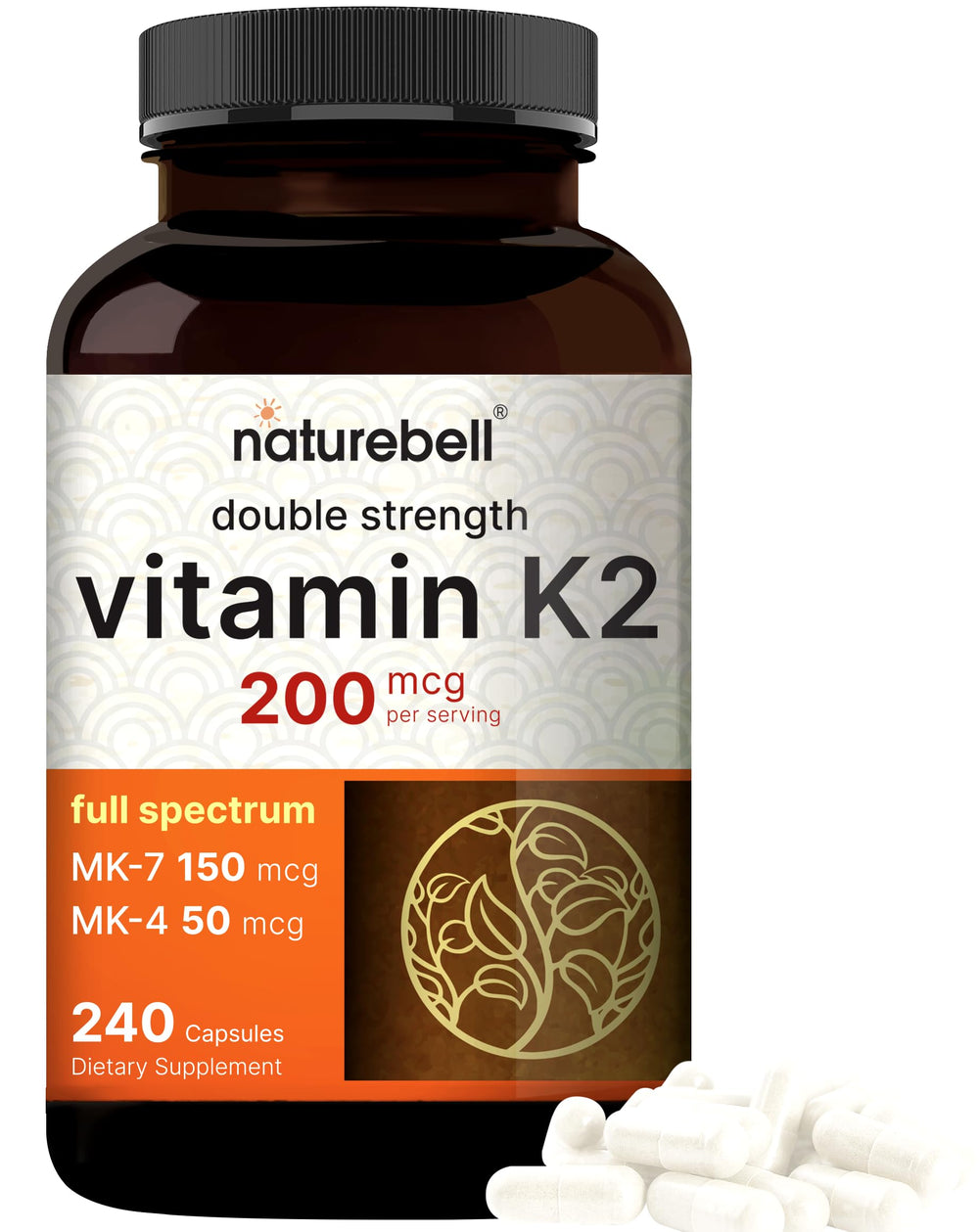 NatureBell full spectrum K2 bottle showing 200 mcg dosage for bone and heart support