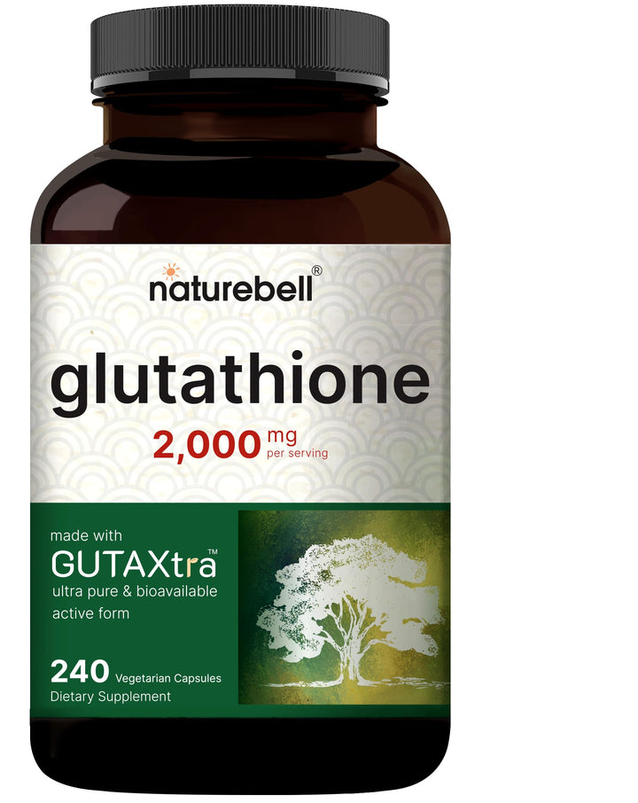 NatureBell Glutathione bottle front shows 2,000 mg per serving for daily antioxidant support.