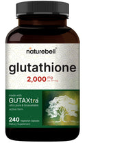 NatureBell Glutathione bottle front shows 2,000 mg per serving for daily antioxidant support.