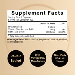 Close-up of NatureBell Hyaluronic Acid capsules showing 250mg dose for easy daily intake.