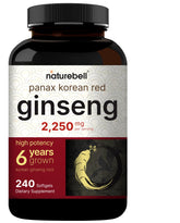 NatureBell Korean Red Ginseng 2250mg bottle on countertop for daily energy support.