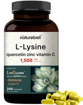 NatureBell L-Lysine Quercetin bottle front highlighting immune support and skin health benefits