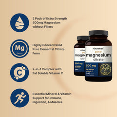 NatureBell magnesium citrate capsules close-up highlights 500 mg per capsule