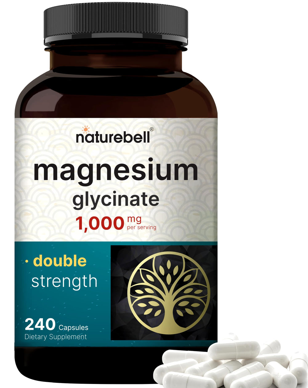 NatureBell Magnesium Glycinate 1000mg bottle with 240 capsules for balanced magnesium intake.