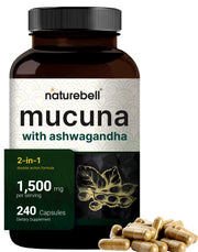 NatureBell Mucuna Pruriens capsules bottle front view highlighting 1500 mg potency for mood support.