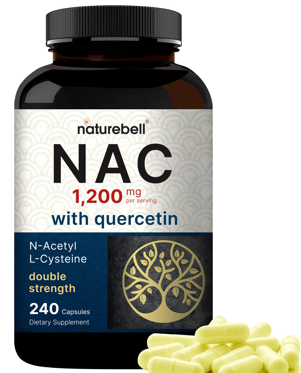 NatureBell NAC 1200mg bottle highlighted for double-strength antioxidant support.